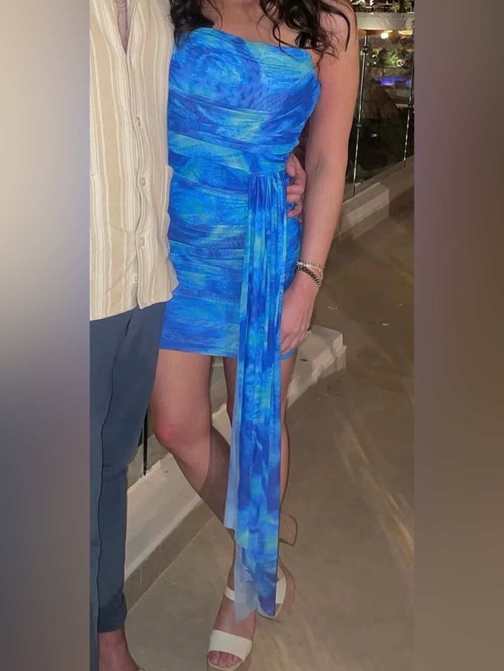 Blue Watercolor Ruched Mini Dress with Side Sash